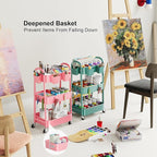 3 Tier Rolling Storage Cart Metal with Wheels, Pink Three Tiered Craft Cart Organizer on Wheels, Utility Carts for Baby Nursery, Diaper Caddy, Art, Book, Snack, Nail, Makeup, Bathroom Supplies, Mesh