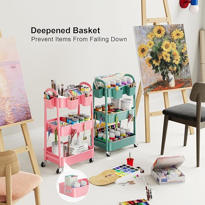 3 Tier Rolling Storage Cart Metal with Wheels, Pink Three Tiered Craft Cart Organizer on Wheels, Utility Carts for Baby Nursery, Diaper Caddy, Art, Book, Snack, Nail, Makeup, Bathroom Supplies, Mesh