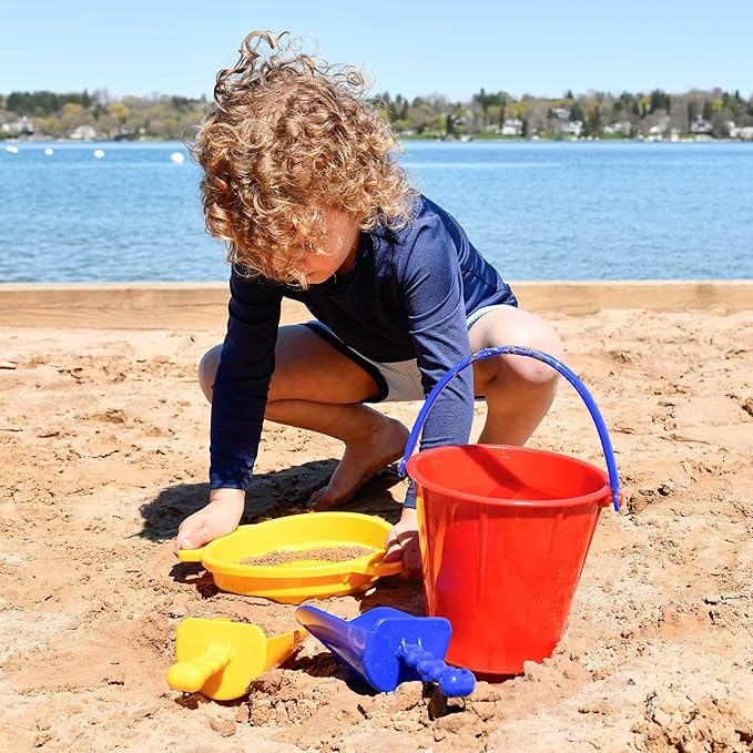 Spielstabil Sand Toys Bundle - Large Pail, Sieve and 2 Scoops (Colors Vary - Made in Germany)