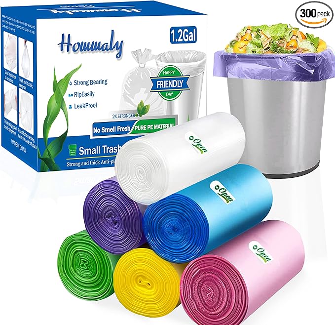 1.2 Gallon Multi Small Trash Bags,Garbage Bag Bin Liners, 5 Liters Bin Bags Wastebasket Bags for home office kitchen Trash Can,Bathroom,Bedroom 300 Counts 6 Color