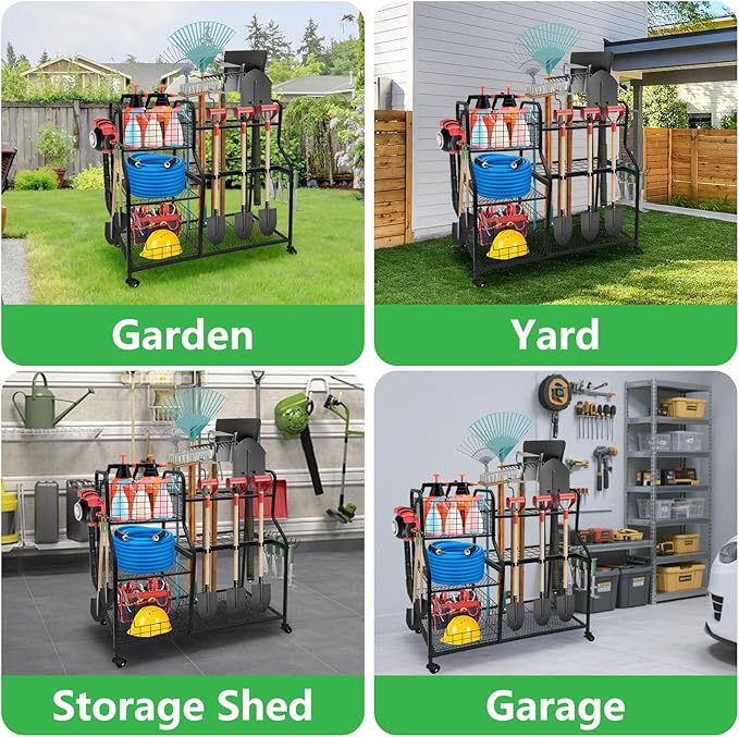 Garden Tool Organizer for Garage, 3 Tier Yard Tool Organizer and Storage Holder with Wheels, Utility Garden Tool Rack with Storage Basket for Garden, Yard, Shed, Garage, Basement