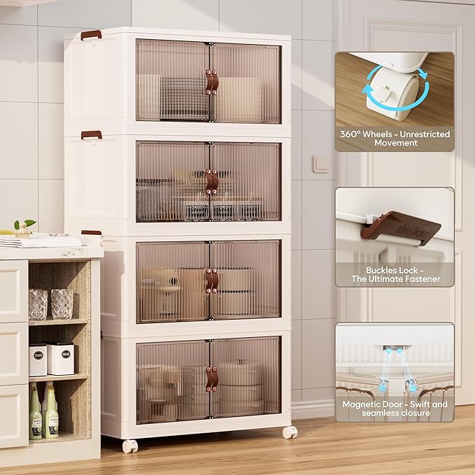 Jalove 30Gal Large Storage Bins with lids, 120QT Plastic Stackable Storage Containers with Wheels, Collapsible Closet Organizer and Storage Drawers,Clothes Organization for Cabinet Home, 1Pack White