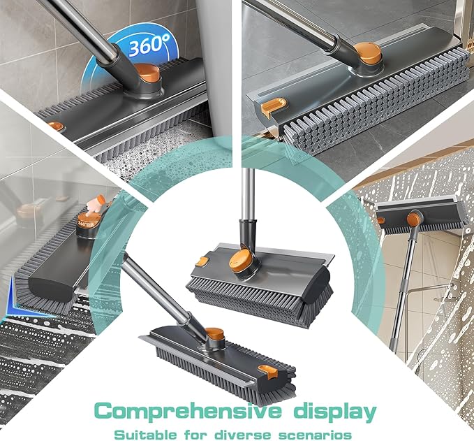 Floor Scrubbing Brush with Squeegee,2 in 1 Grout Brush with 54" Adjustable Long Handle,V-Shape Stiff Brush Bristle,360°Rotation,Bathroom Cleaning Brush for Tile,Deck,Garage,Kitchen,Swimming Pool,Grey