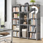 REIBII Book Shelf, 13 Cube Storage Organizer, DIY Bookcase for Bedroom, Office, Living Room, Closet, 12" D x 47.24" W x 59.05" H, Grey