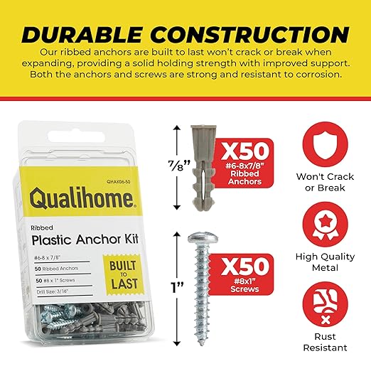 Qualihome Ribbed Plastic Drywall Anchor Kit, Wall Anchors and Screws for Drywall Includes Anchors, & Screws, 1 Masonry Drill Bit, Mounting Tolls for Decor, Shelving ([50 Pack] 6-8 x 7/8")