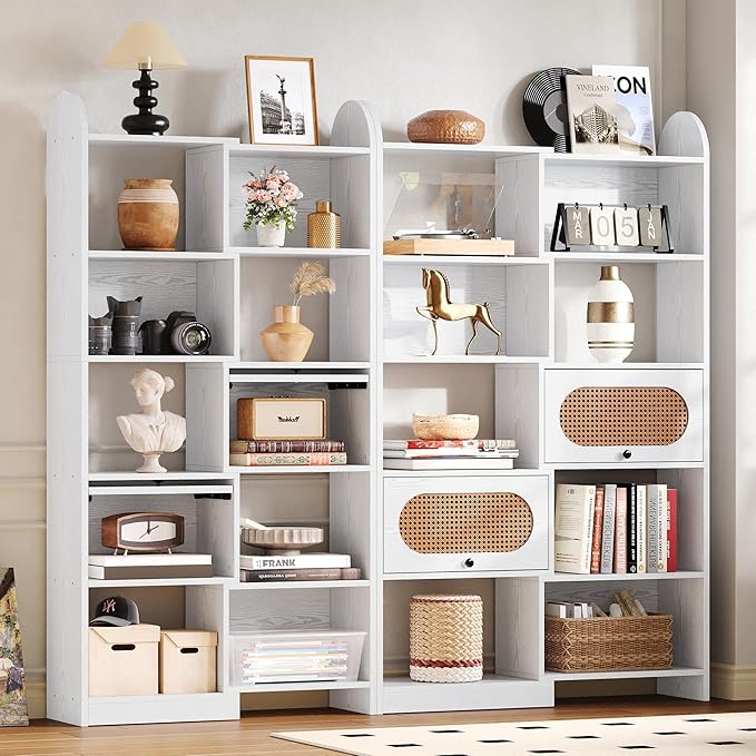 IRONCK 6 Tier Bookshelf and Bookcase with 2 Rattan Design Flip-top Storage Cabinets, 8 Cube Bookcases Display Storage Shelves Organizer for Living Room, 35.4" White