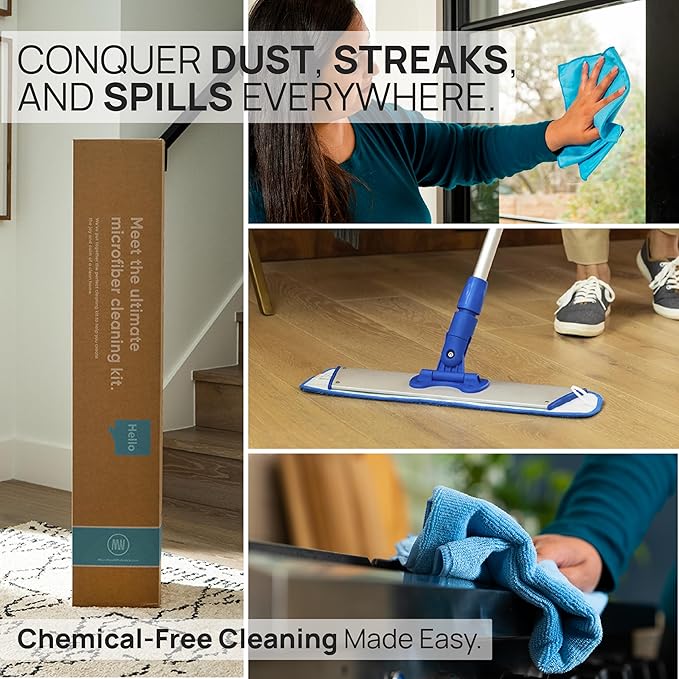 Ultimate Microfiber Cleaning Kit - Dry & Wet Mop for Hardwood, Tile, Vinyl Floors | 12Pack Microfiber Cloths | High Duster | Glass Cleaning Cloths | Reusable Mop Pads | Long Telescopic Handle