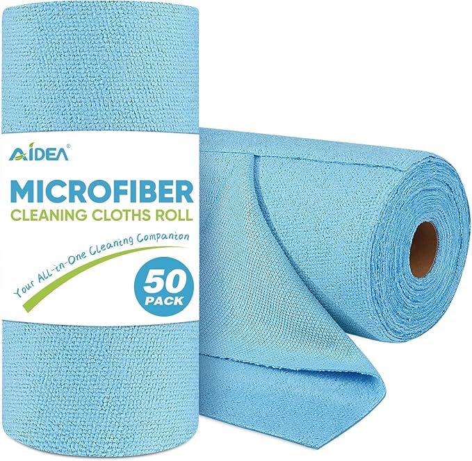 AIDEA Microfiber Cleaning Cloth Roll, 50PK, Blue Shop Towels Reusable Tear Away Paper Towels, Washable Shop Rags, Microfiber Towels for Cars, Lint Free Rags for House, Mechanic, Workshops, 11.5"×11.5"