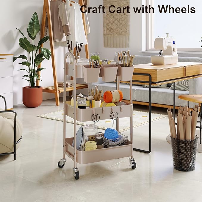 3 Tier Khaki Metal Utility Rolling Cart, Storage Cart with Handle and Lockable Wheels, Multifunctional Organizer Trolley with Mesh Storage Baskets for Kitchen, Office, Living Room, Laundry, Garage