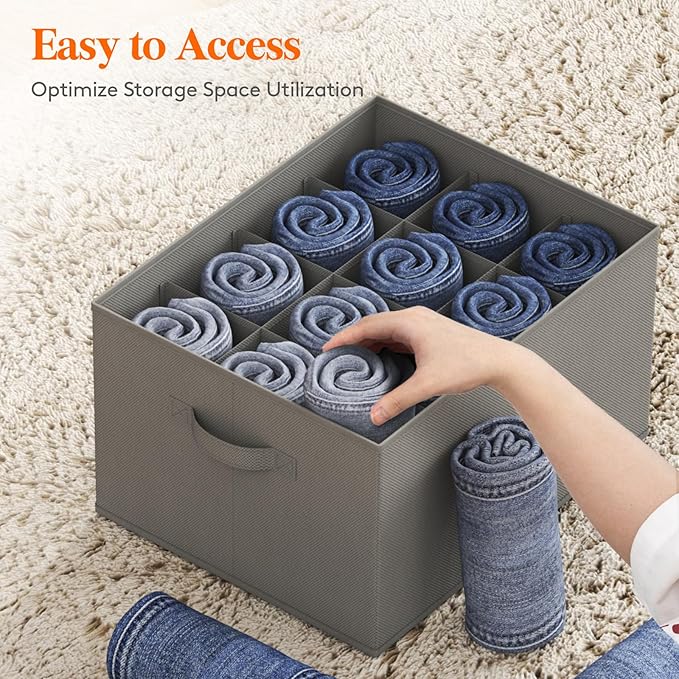 Lifewit Jeans Organizer for Closet, Large Size Pants Storage Bins 12 Cell, Foldable Clothes Drawer Organizer for Sweater, Towel, T-shirts, Dress, Stackable Wardrobe Shelf Dividers Box, 3 Packs
