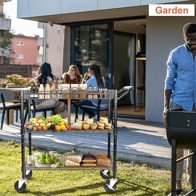 Heavy Duty Utility Cart, 990Lbs Capacity 3 Tier Rolling Carts with Wheels, Kitchen Cart on Wheels with Storage, Commercial Grade Metal Serving Carts with Wire Shelving &Handle Bar, Black