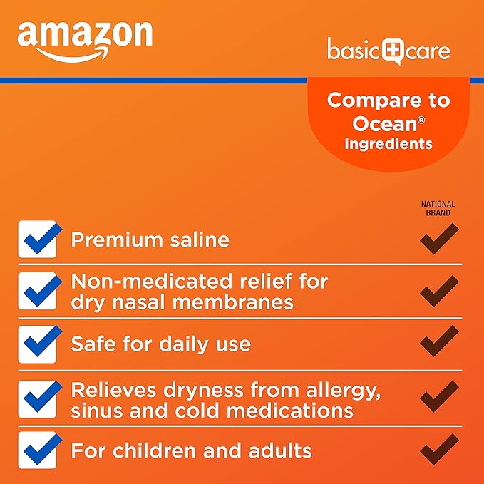 Amazon Basic Care Premium Saline Nasal Moisturizing Spray, 1.5 fl oz (Pack of 1), Clear