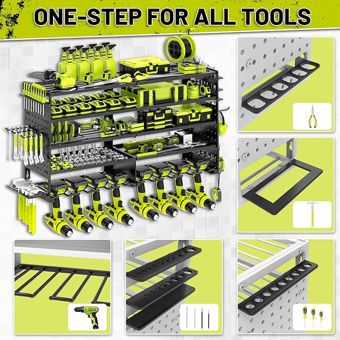5 Layers Power Tool Organizer Wall Mount, Metal Cordless Tool Hanger Storage Rack Holder with 8 Drill Holders, Heavy Duty Garage Wall Tool Shelf for Workshop Tool Room Shed Pegboard Black