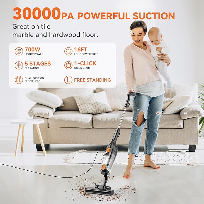 Vazone R6X Corded Stick Vacuum Cleaners for Home, 30000pa Powerful Suction Stick Vacuum with 16Ft Cord, 2 in 1 Lightweight Vacuum Cleaner for Hard Floor Pet Hair (Orange)