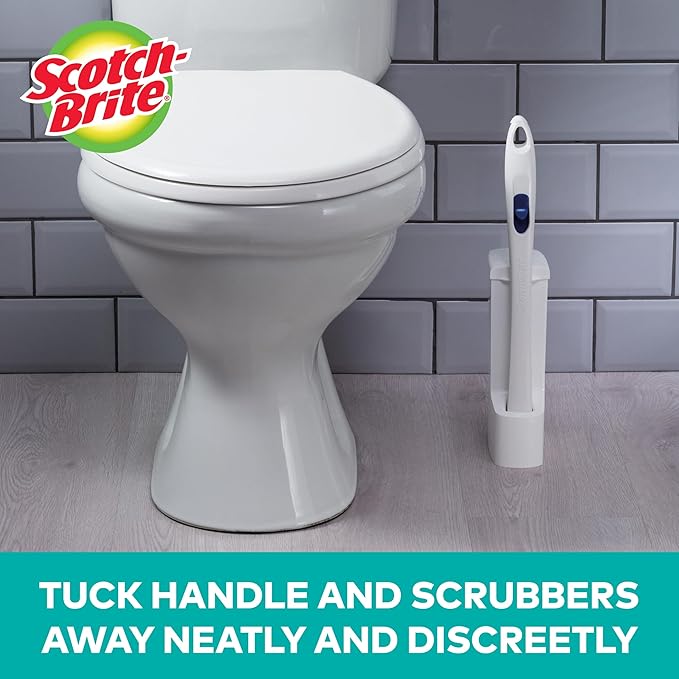 Scotch-Brite Disposable Toilet Scrubber Starter Kit, Disposable Refills with Built-In Bleach Alternative, Includes 1 Handle, Storage Caddy and 5 Refills