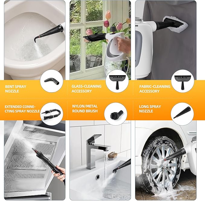 Spurgehom Handheld Multi-Surface Steam Cleaner with 11-Pc Accessories & Safety Lock – Dirty-Free, 550ML Large Capacity Steamer for Floors, Upholstery, Cars, and Home Use