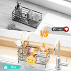 HapiRm Sink Caddy Sponge Holder - Self-draining Kitchen Sink Organizer with Smiley Face and Brush Holder, Stainless Steel Kitchen Organizer for Countertop - Brushed Nickel
