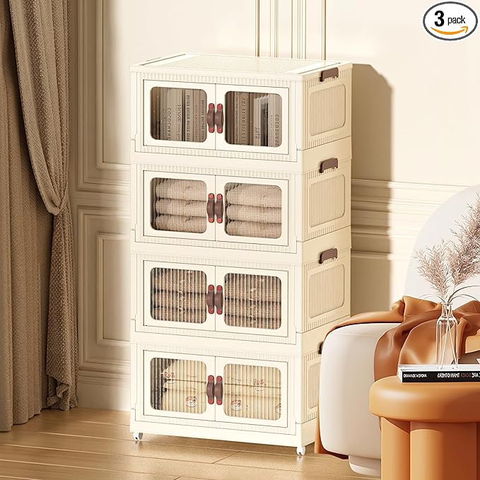 Stackable Storage Bins, Folding Storage Bins with Lids and Doors, Open Front Folding Storage Box with Wheels Plastic Storage Containers (4 Tier (Side Windows Not Visible), 55 Qt)