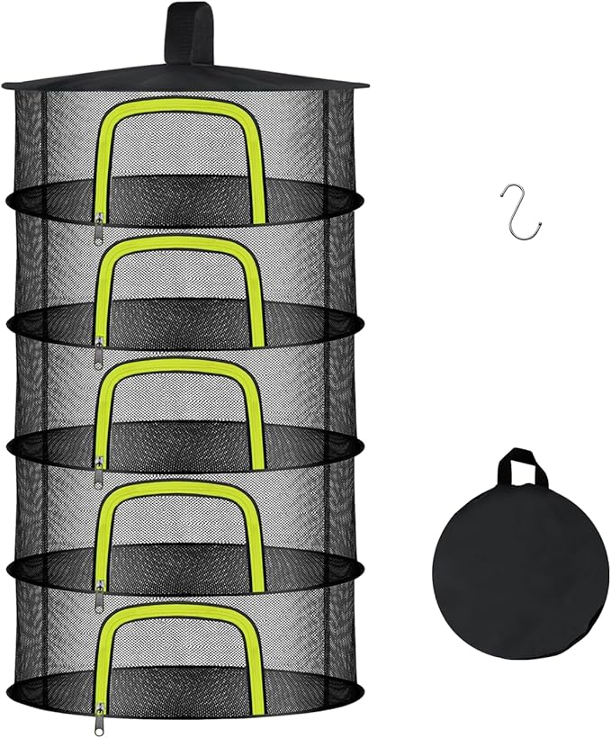 5 Layer Herb Drying Rack, Herb Drying Rack Hanging Mesh, Foldable Bud Drying Net with U-Shaped Zipper, Hooks, for Drying Herbs Plants, Flowers, Fruits, Food, Camping (5 Layers-23.62'')
