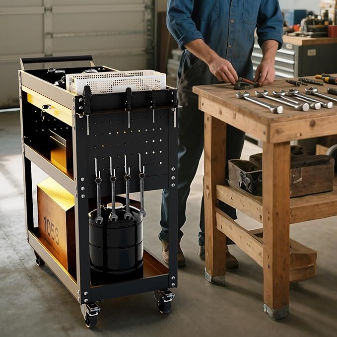 3 Tier Heavy Duty Rolling Tool Cart on Wheels with Drawer & Pegboard, 420Lbs Capacity Mobile Garage Storage Organizer Cart for Mechanics, Workshop