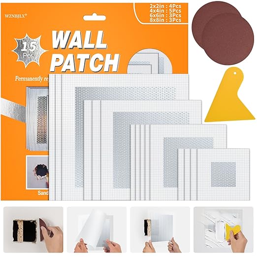 Wall Patch Kit, 15 Pieces Self-Adhesive Mesh Repair Patches for Drywall, Multiple Sizes 2/4/6/8 Inch, Permanently Repairs Damaged Walls and Ceilings