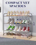 Kitsure Shoe Rack - Stainless Steel Shoe Organizer, Sturdy Shoe Rack for Closet and Front Door Entrance, Free Standing Shoe Shelf, Closet Organizers and Storage, 25.6" Wide - 3 Tier, Grey