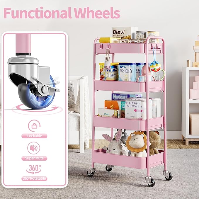TOOLF 4-Tier Metal Rolling Cart with Wheels, Storage Utility Organizer Cart for Kitchen, Bathroom, Office, Baby Essentials & Makeup - Lockable Casters, Easy Assembly, 132 lbs Capacity, Pink