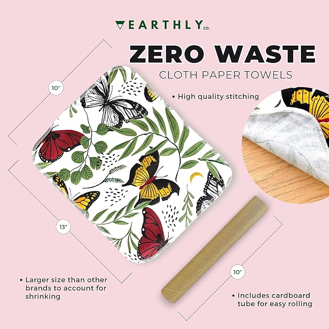 Reusable Paper Towels - 10 Pack - Roll of Washable Cotton Cloth Paper Towels - Paperless Reusable Napkins Cloth Washable - Absorbent + Long Lasting - Zero Waste Products - (Butterfly)