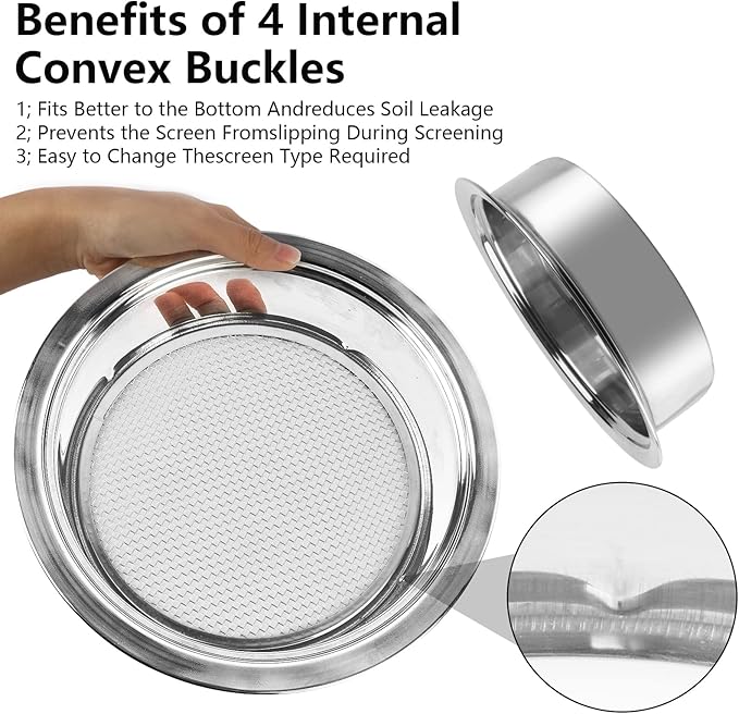 Stainless Steel Garden Sieve & Soil Sifter Tool - 9.5 Inch Stackable Sifting Pan with 3 Mesh Sizes (0.043"/0.133"/0.204") for Sand, Bonsai Soil - Includes Mini Shovels & Scoop (1 Pack)