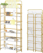 4NM No Assembly Folding Bookshelf 6 Tiers Vintage Industrial Gold Book Shelf Metal Foldable Storage Bookcase and Bookshelves for Living Room,Bedroom and Kitchen - White and Gold