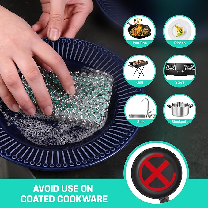HAUSHOF Cast Iron Scrubber, Chainmail Scrubber with Silicone Core, Premium Cast Iron Cleaner for Skillet, Pan, Dutch Oven