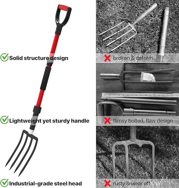 COSITA Pitch Fork for Garden, 44-Inches Pitchfork with Fiberglass Handle, Gardening Spading Fork with 4 Metal Tines, Heavy Duty Pitchfork for Manure, Mulch, Digging, Aeration, Red