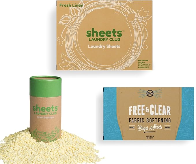 Sheets Laundry Club Bundle - 50 Pack (up to 100 loads) Fresh Linen Detergent Sheets, 40 Pack Free & Clear Dryer Sheets & 8 Oz. Uncharted Waters Scent Booster - New Liquidless Technology