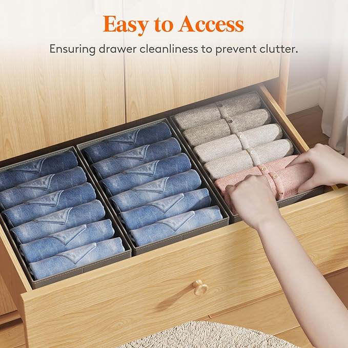 Lifewit 4 Pack Clothes Organizer, 6 Grids Closet Jean Storage Bins with Handles and Support Boards, Foldable Drawer Organizer for Sweater, Pants, T-shirt, Dress, Grey, Size 16.5''x10.6''x7.1''