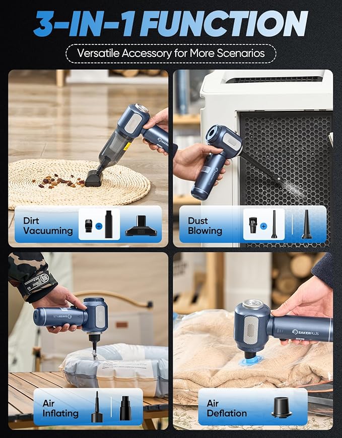 Mini Vacuum Cleaner, Cordless Car Vacuum, 17500PA High Suction, 3 in 1 Handheld Vacuum, Vacuuming, Blowing, Inflating, Deflation, Portable Vaccum with HEPA Filter for Cars,Desktop,Home SW106