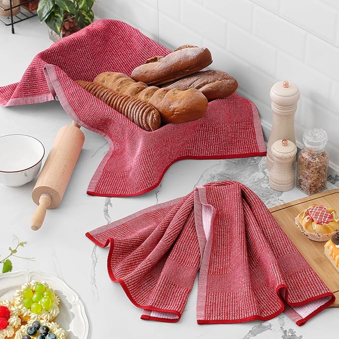 Homaxy Premium Kitchen Towels(18”x 28”, 6 Pack), Large Cotton Kitchen Hand Towels, Flat and Terry Dish Towels, 380 GSM Highly Absorbent Tea Towel Set with Hanging Loop, Red