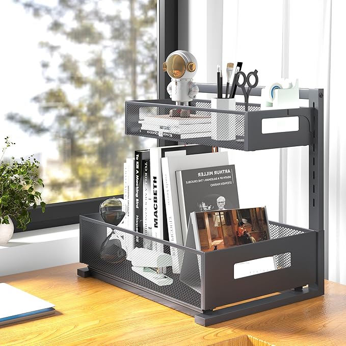 Under Sink Organizer Pull Out Cabinet Organizer Adjustable Height 2 Tier with Sliding Drawers Kitchen Bathroom Organizer and Storage(Gray-1pc)