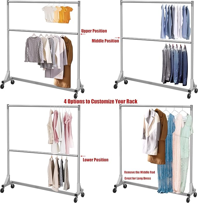 Simple Houseware Commercial Grade Z-Base Double Rod Garment Rack, 600lb Load, 63 inch, Silver