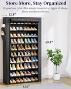 Kitsure Shoe Rack - 10-Tier Shoe Organizer with Zippered Dust Cover & Side Pockets, Easy to Assemble, Space Saving Shoe Rack for Closet, Entryway, Living Room, 33" x 12.4" x 69.3", Black