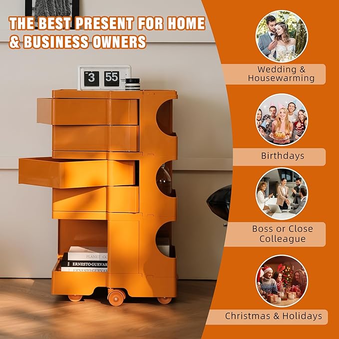 Multipurpose Utility Storage Cart - ABS Plastic Storage Caddy with Wheels and Slide Out Drawers - 360°Rotating Professional Trolley Cart - Mobile Caddy for Salon Supplies, Kitchen Needs (Orange)