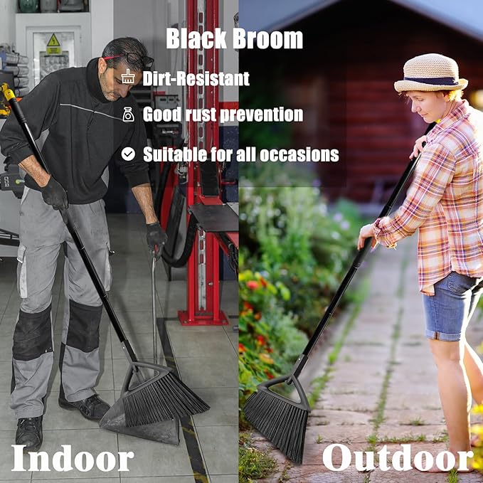 Heavy Duty Broom Outdoor and Indoor, 2 Pack Commercial Angle Brooms with Longer Handle, Perfect Black Broom for Garage, Kitchen, Courtyard, Restaurant
