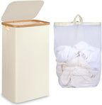iEGrow Slim Laundry Hamper,75L Beige Narrow Laundry Basket with Lid,Foldable Clothes Hamper with Bamboo Handles,Hamper Basket with Removable Inner Bag for Laundry Room Bedroom College Dorm