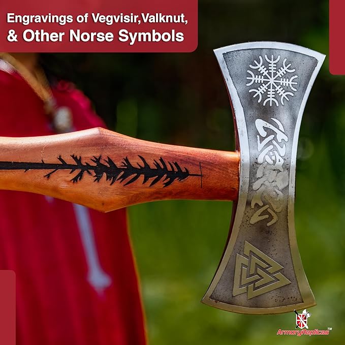Armory Replicas™ Viking Raider Double Bitted War Axe - Hand Crafted Tempered Carbon Steel Norse Inspired Battle Axe w/Genuine Leather Sheath