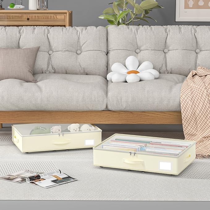 Under Bed Storage with Wheels, No Assemble Required 5.5 inches height beige under bed storage bins,Low Profile Rolling Underbed Shoe Storage containers，dorm underbed storage drawers