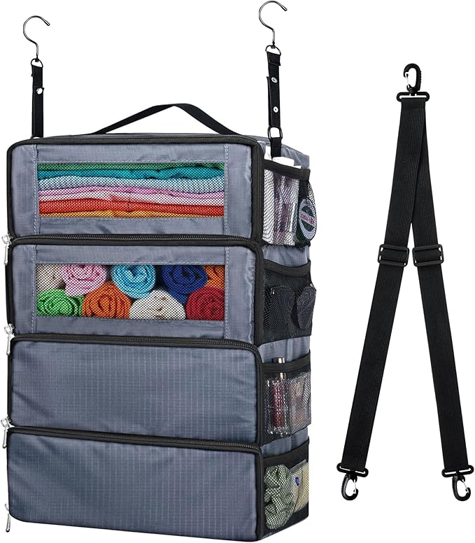 Suitcase Organizer, Carry-On Closet Luggage Organizer Accessories - Foldable, Hangable Portable Hanging Travel Shelves with Shoulder Strap - Medium, Gray