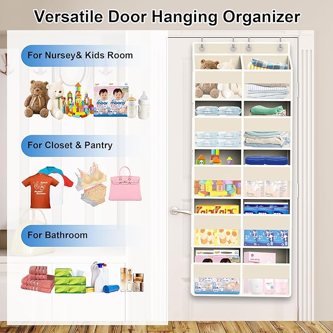 Over The Door Organizer Multi Pocket,5 Tier Large Hanging Shelf for Storage Kids Toys, Diapers, Clothes,Yarn,Heavy Duty Behind Door Storage for Bedroom Bathoom Nursery Closet Pantry,Beige