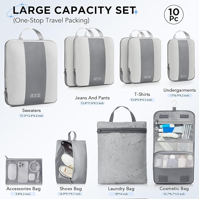 10 Set Compression Packing Cubes for Travel Essentials,Compressible Expandable Packing Cubes for Suitcase,OlarHike Luggage Organizer Bags for Travel,Handy Helper for Organizing Clothes(Gray)