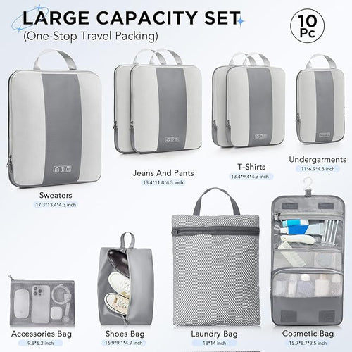10 Set Compression Packing Cubes for Travel Essentials,Compressible Expandable Packing Cubes for Suitcase,OlarHike Luggage Organizer Bags for Travel,Handy Helper for Organizing Clothes(Gray)