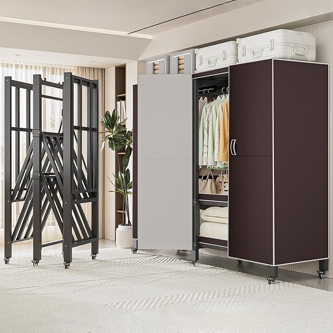Heavy Duty Covered Clothes Rack with Magnetic Door Foldable Portable Wardrobe Closet for Hanging Clothing Rolling Black Metal Garment Rack on Wheels Closet System (Brown, 70.89in)