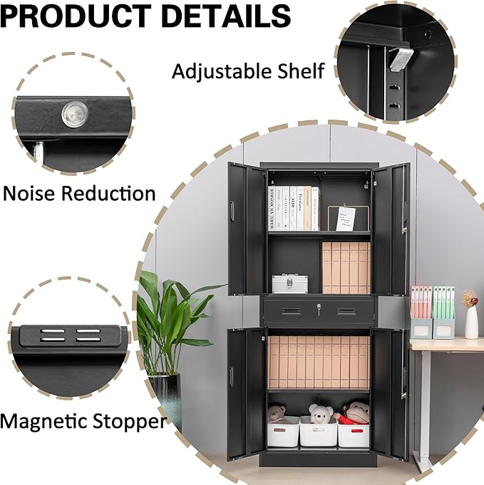Metal Storage Cabinets with 1Drawer, 71" Storage Cabinet with 4 Locking Doors and 2 Adjustable Shelves, Steel Storage File Cabinet for Pantry Home, Kitchen, Office, Garage (Black)
